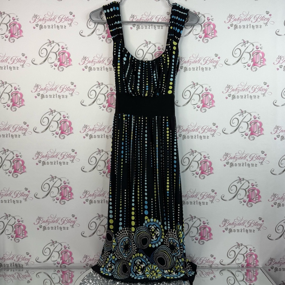 Ricki's dress Y2K polka dot groovy belt tie up waist Black and Blue Midi Dress